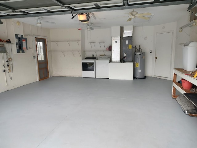 10315 SW 62nd Terrace Rd, Ocala, FL 34476 - garage featuring water heater, separate washer and dryer, a garage door opener, ceiling fan, and electric panel