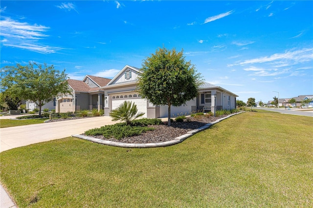 view of front facade featuring concrete driveway, an attached garage, stucco siding, and a front yard