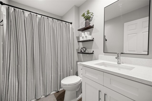 77 Locust Dr, Ocala, FL 34472 - bathroom with toilet, vanity, wood finished floors, and curtained shower