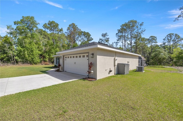 77 Locust Dr, Ocala, FL 34472 - view of side of property featuring stucco siding, a garage, driveway, central AC unit, and a lawn