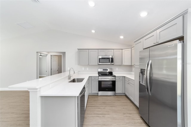 10374 SE 126th Ln, Belleview, FL 34420 - kitchen featuring a sink, appliances with stainless steel finishes, vaulted ceiling, and gray cabinetry