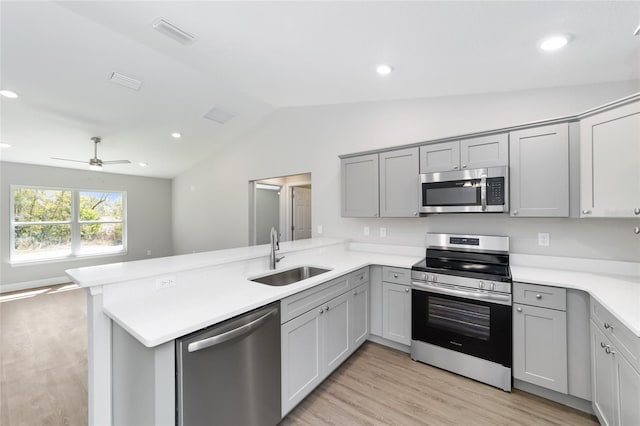 10374 SE 126th Ln, Belleview, FL 34420 - kitchen featuring a sink, appliances with stainless steel finishes, a peninsula, and gray cabinetry