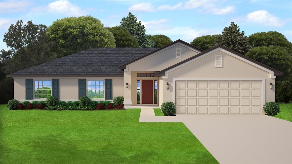 single story home with an attached garage, concrete driveway, stucco siding, and a front lawn