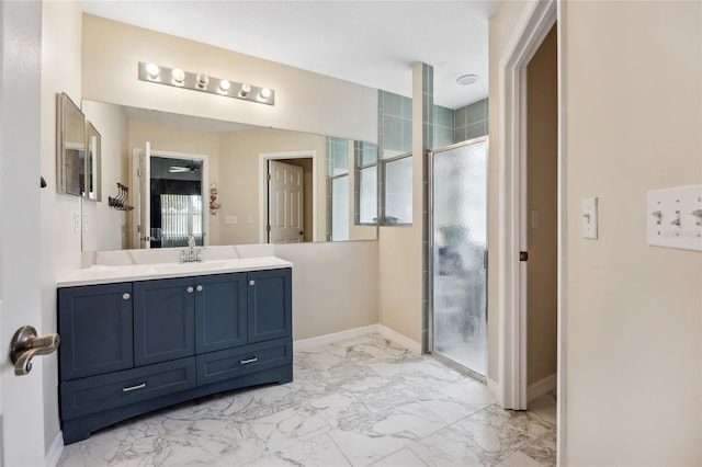 15426 SW 14th Avenue Rd, Ocala, FL 34473 - full bathroom with a stall shower, marble finish floor, baseboards, and vanity