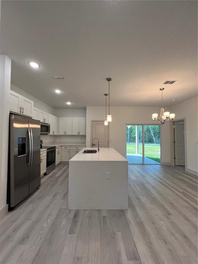1581 W Saint Elizabeth Pl, Citrus Springs, FL 34434 - kitchen featuring a sink, stainless steel appliances, visible vents, light wood-style flooring, and light countertops