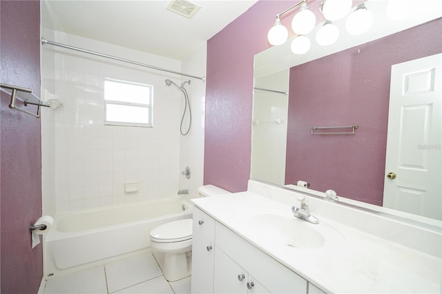 full bath featuring vanity, bathing tub / shower combination, tile patterned floors, toilet, and visible vents