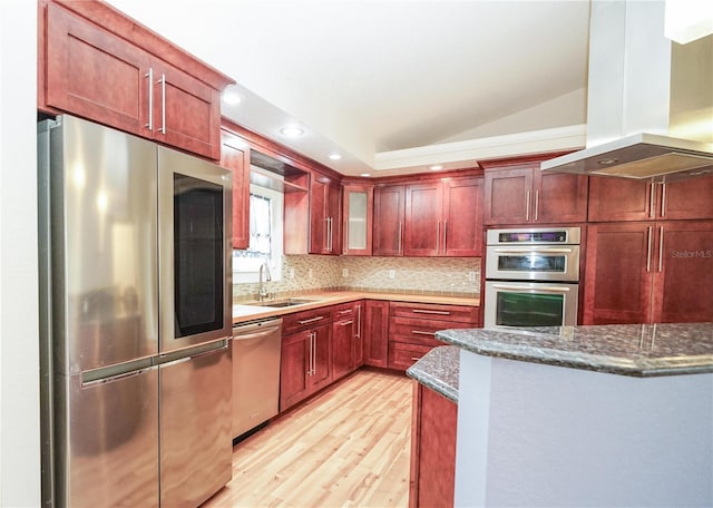 kitchen featuring light wood finished floors, a sink, reddish brown cabinets, island range hood, and appliances with stainless steel finishes