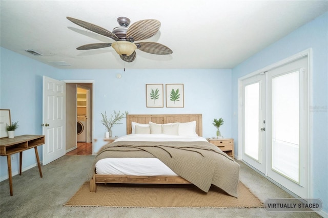 bedroom with visible vents, baseboards, carpet, washer / dryer, and a ceiling fan