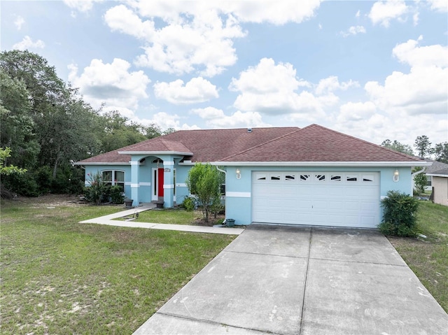 2730 SW 162nd Street Rd, Ocala, FL 34473 - ranch-style home featuring stucco siding, driveway, a front lawn, an attached garage, and roof with shingles