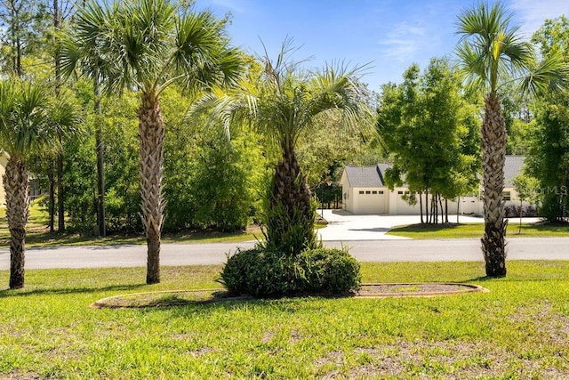 view of yard with a garage and driveway