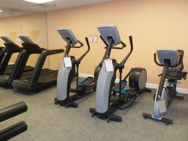 workout area featuring baseboards and carpet flooring