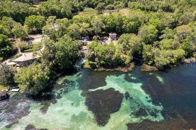 aerial view featuring a wooded view
