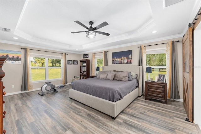 9950 NW 11th Ter, Ocala, FL 34475 - bedroom featuring a raised ceiling, light wood finished floors, multiple windows, ornamental molding, and recessed lighting