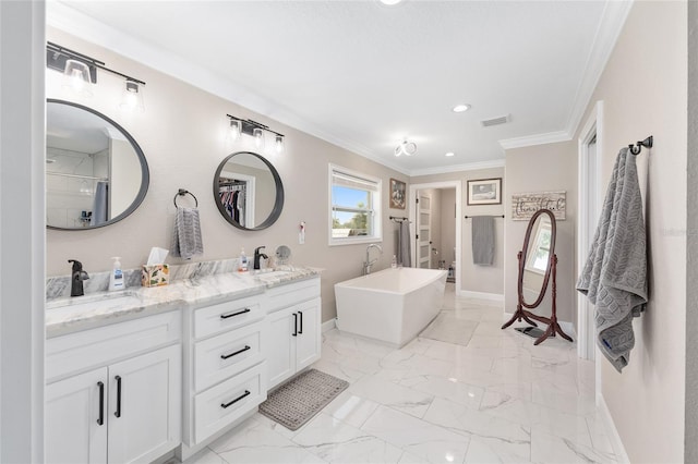 9950 NW 11th Ter, Ocala, FL 34475 - full bathroom with crown molding, double vanity, a freestanding bath, recessed lighting, and marble finish floors