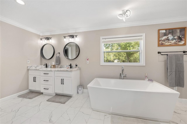 9950 NW 11th Ter, Ocala, FL 34475 - full bathroom featuring marble look tiles, double vanity, a freestanding bath, and ornamental molding