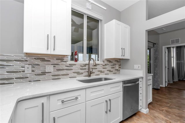 kitchen featuring white cabinetry, visible vents, dishwasher, a sink, and backsplash