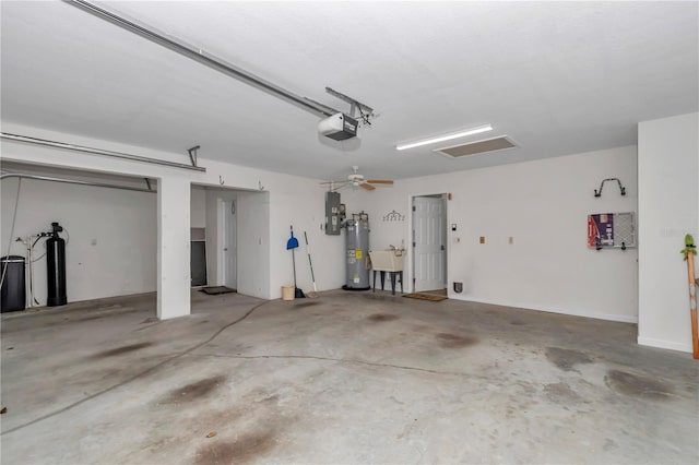 garage with electric water heater, electric panel, a sink, and a garage door opener