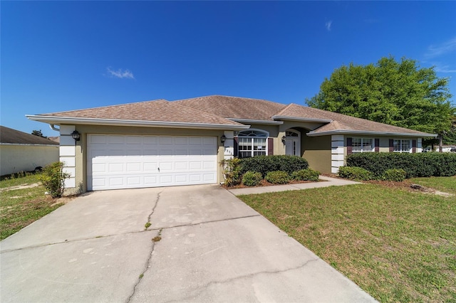 9896 SW 56th Ct, Ocala, FL 34476 - ranch-style house featuring driveway, stucco siding, an attached garage, and a front lawn