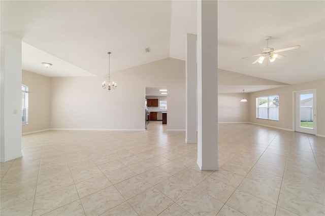 9896 SW 56th Ct, Ocala, FL 34476 - unfurnished living room with baseboards, light tile patterned flooring, vaulted ceiling, and ceiling fan with notable chandelier