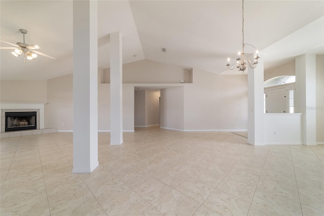 9896 SW 56th Ct, Ocala, FL 34476 - unfurnished living room with light tile patterned floors, baseboards, vaulted ceiling, ceiling fan with notable chandelier, and a tile fireplace