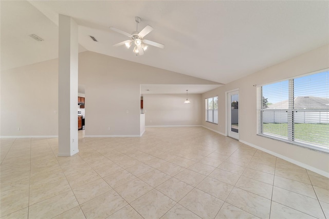 9896 SW 56th Ct, Ocala, FL 34476 - unfurnished living room featuring lofted ceiling, visible vents, a ceiling fan, and light tile patterned flooring