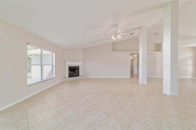 9896 SW 56th Ct, Ocala, FL 34476 - unfurnished living room with light tile patterned floors, a fireplace, a ceiling fan, lofted ceiling, and baseboards