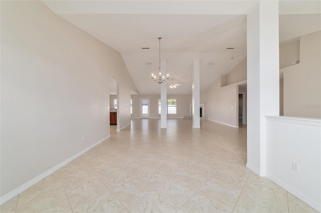 9896 SW 56th Ct, Ocala, FL 34476 - unfurnished room featuring high vaulted ceiling, an inviting chandelier, a fireplace, and baseboards