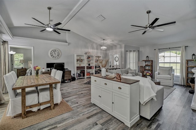 7407 SW 202nd Ct, Dunnellon, FL 34431 - kitchen with open floor plan, a ceiling fan, vaulted ceiling, and light wood-style flooring