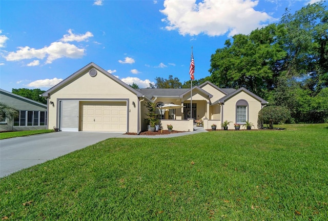 7692 SW 117th Street Rd, Ocala, FL 34476 - ranch-style house featuring an attached garage, driveway, stucco siding, and a front lawn