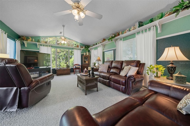7692 SW 117th Street Rd, Ocala, FL 34476 - carpeted living area with a ceiling fan, vaulted ceiling, and a textured ceiling