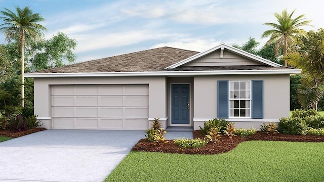 ranch-style house with concrete driveway, stucco siding, a front yard, and a garage