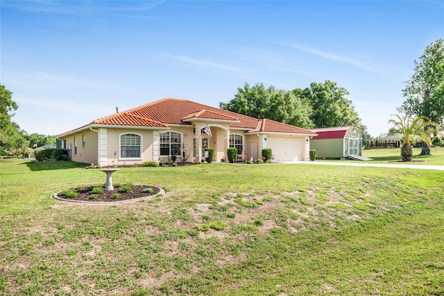 4277 E Bennett St, Inverness, FL 34453 - mediterranean / spanish-style house featuring a garage, a tile roof, stucco siding, a front lawn, and driveway