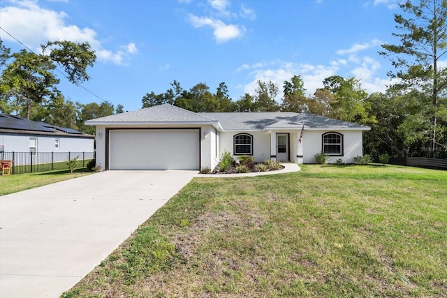 ranch-style home with fence, a front lawn, driveway, and a garage