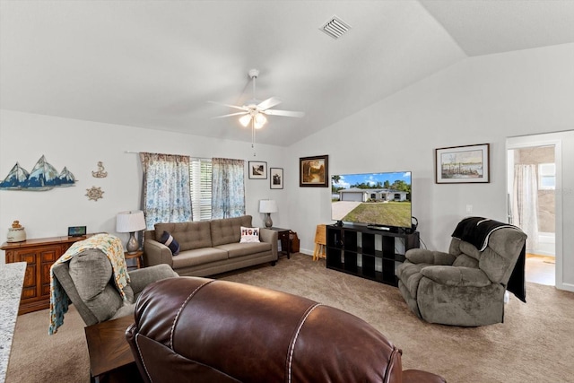 living room with vaulted ceiling, ceiling fan, baseboards, carpet flooring, and visible vents