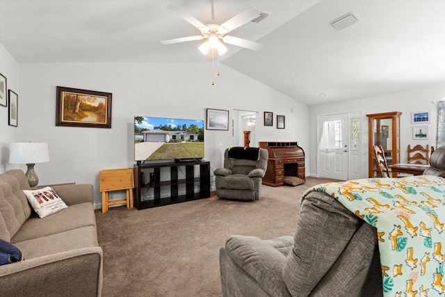 carpeted living area with lofted ceiling, visible vents, and a ceiling fan