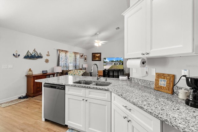 kitchen with dishwasher, white cabinets, a peninsula, and a sink