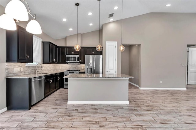 3918 NW 46th Ter, Ocala, FL 34482 - kitchen featuring decorative backsplash, a sink, appliances with stainless steel finishes, visible vents, and a center island