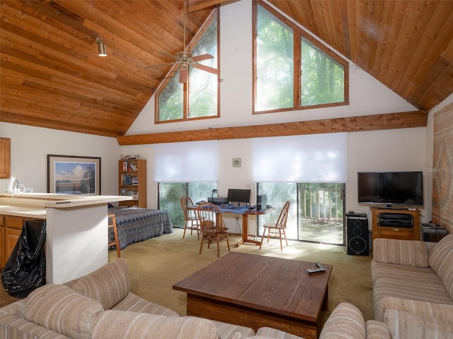 11420 NW 110th Ave, Reddick, FL 32686 - carpeted living room featuring wood ceiling, ceiling fan, and high vaulted ceiling