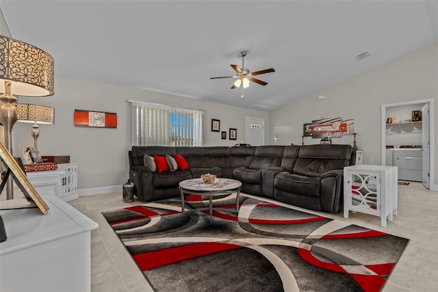 7886 SW 103rd Loop, Ocala, FL 34476 - living room featuring washer and clothes dryer, light tile patterned flooring, ceiling fan, visible vents, and lofted ceiling