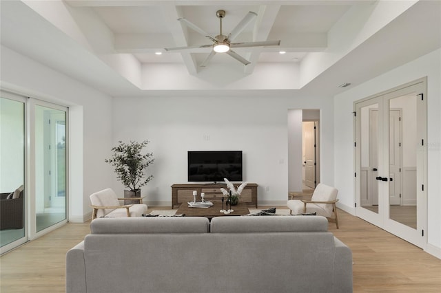 1784 NW 85th Loop, Ocala, FL 34475 - living room featuring coffered ceiling, french doors, light wood-style flooring, recessed lighting, and beamed ceiling
