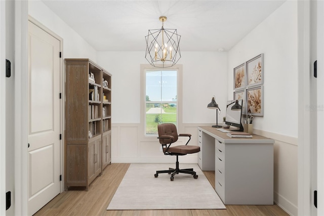 1784 NW 85th Loop, Ocala, FL 34475 - office area featuring a chandelier, light wood-style floors, and a wainscoted wall