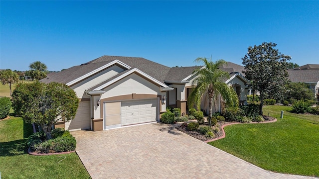 single story home with stucco siding, a front yard, decorative driveway, and a garage