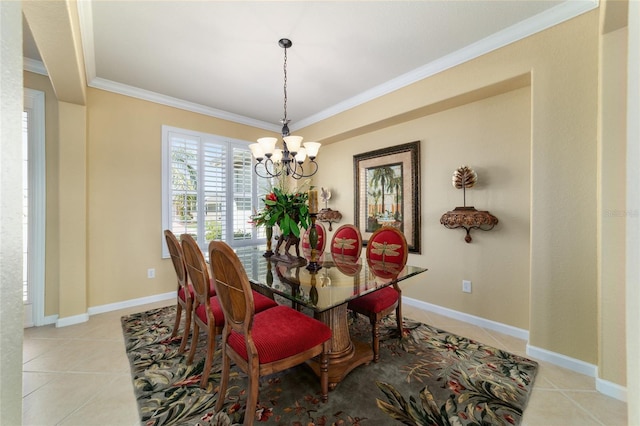 dining space featuring baseboards, a chandelier, light tile patterned floors, and crown molding