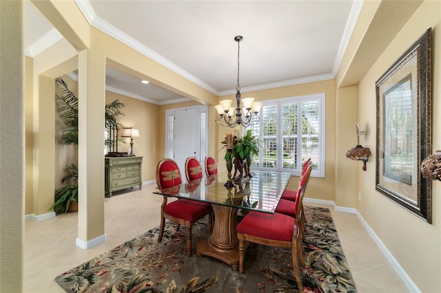 dining space featuring a notable chandelier, baseboards, light tile patterned flooring, and crown molding