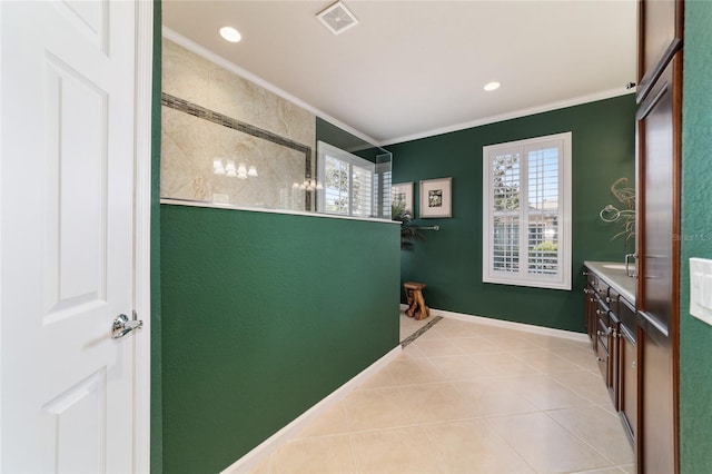 interior space featuring light tile patterned flooring, visible vents, recessed lighting, and crown molding