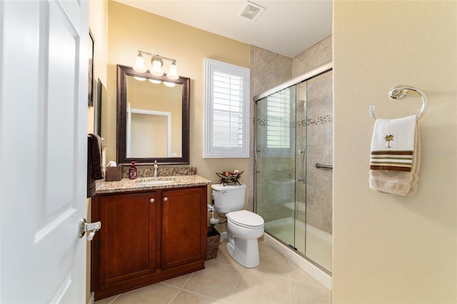 bathroom featuring a shower stall, vanity, toilet, tile patterned flooring, and visible vents