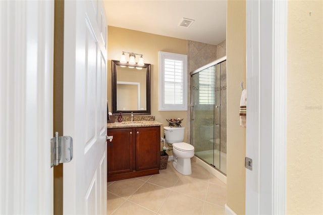 bathroom featuring tile patterned floors, a stall shower, toilet, visible vents, and vanity