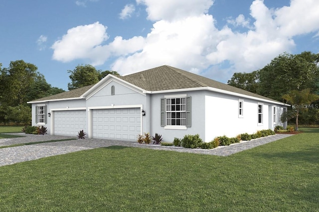 view of front of property featuring stucco siding, decorative driveway, a front lawn, a garage, and a shingled roof