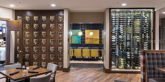 wine area featuring wood finished floors and recessed lighting
