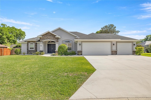 single story home featuring fence, stucco siding, an attached garage, driveway, and stone siding